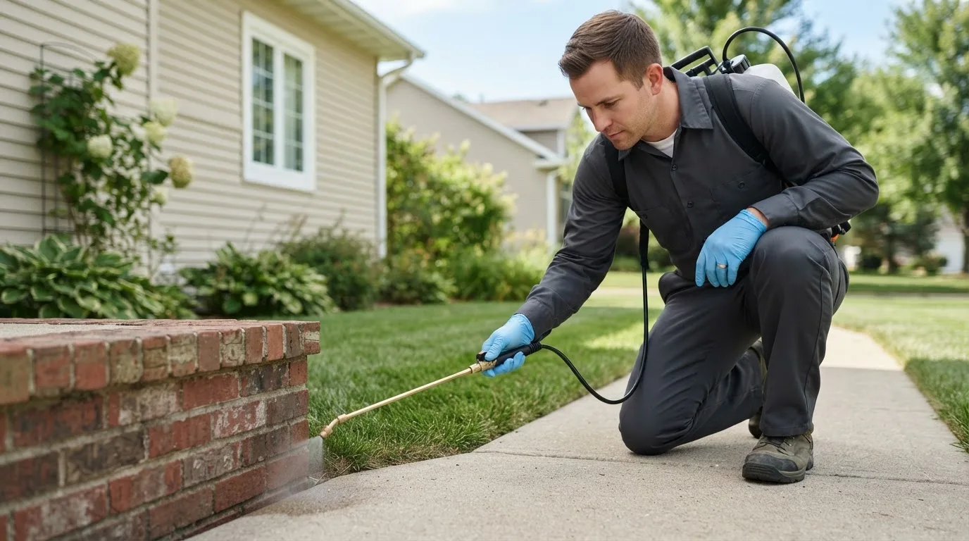 Pest control technician treating a home near East Butler, PA
